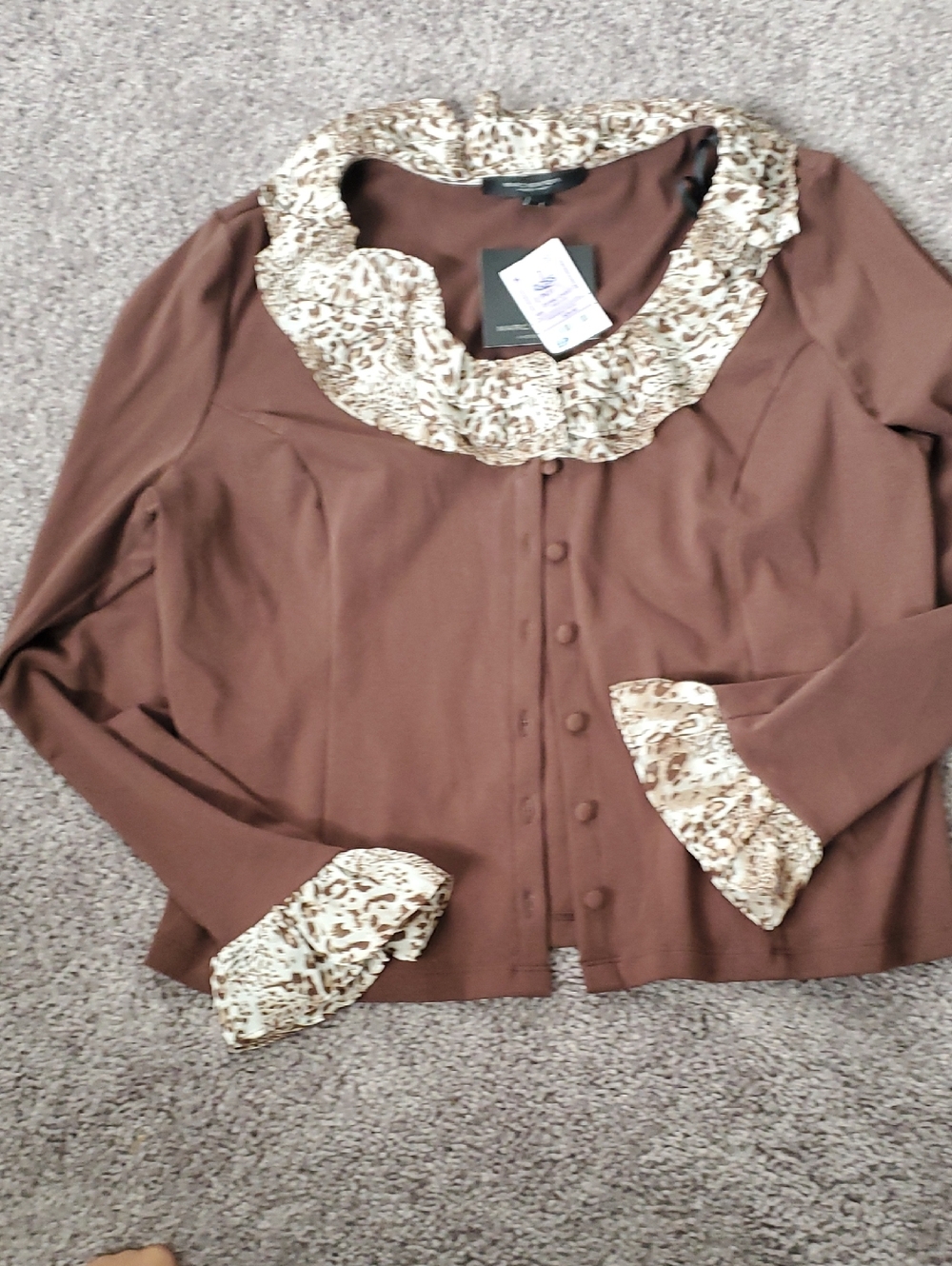 Marc New York Brown Button-Front Top with Cream Ruffle Trim